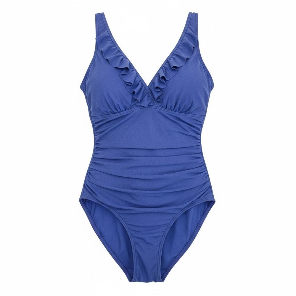 Lauren Ralph Lauren Blue Ruffle Ruched V-Neck Lined One-Piece Size 12 Swimsuit